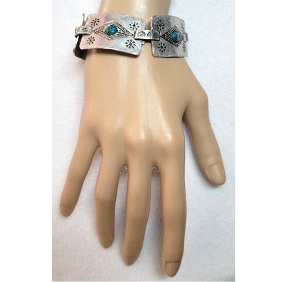 Southwestern Hammered Aluminum Panel Bracelet Foldover Clasp Vtg Rustic Design - Picture 11 of 12